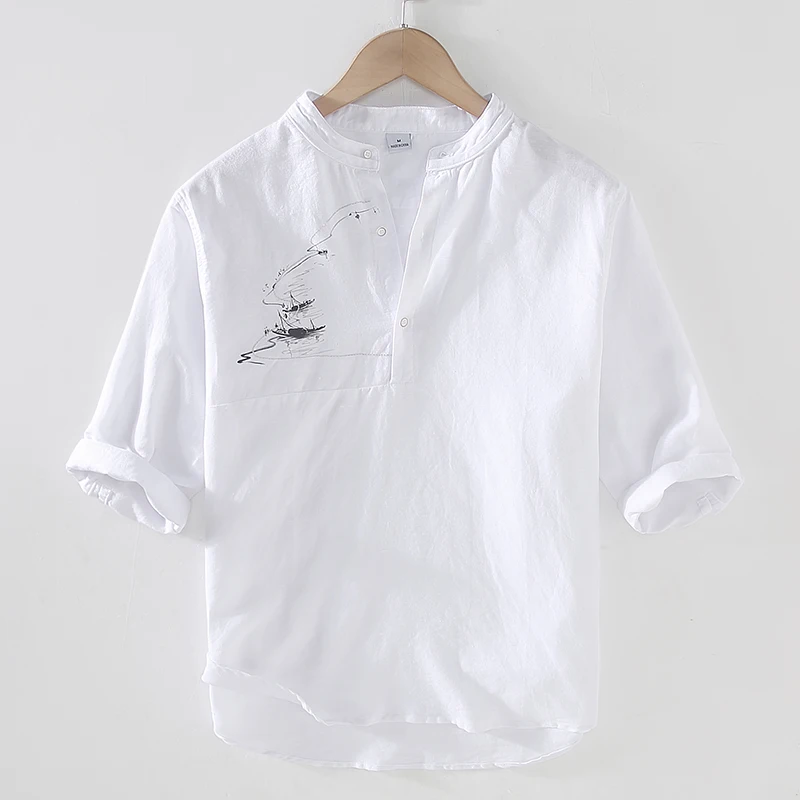 

Мужские рубашки с принтом в китайском стиле, льняные, из смесового хлопка, с коротким рукавом, летние, качественные, мягкие, удобные, свободные, повседневные, Camisas De Hombre