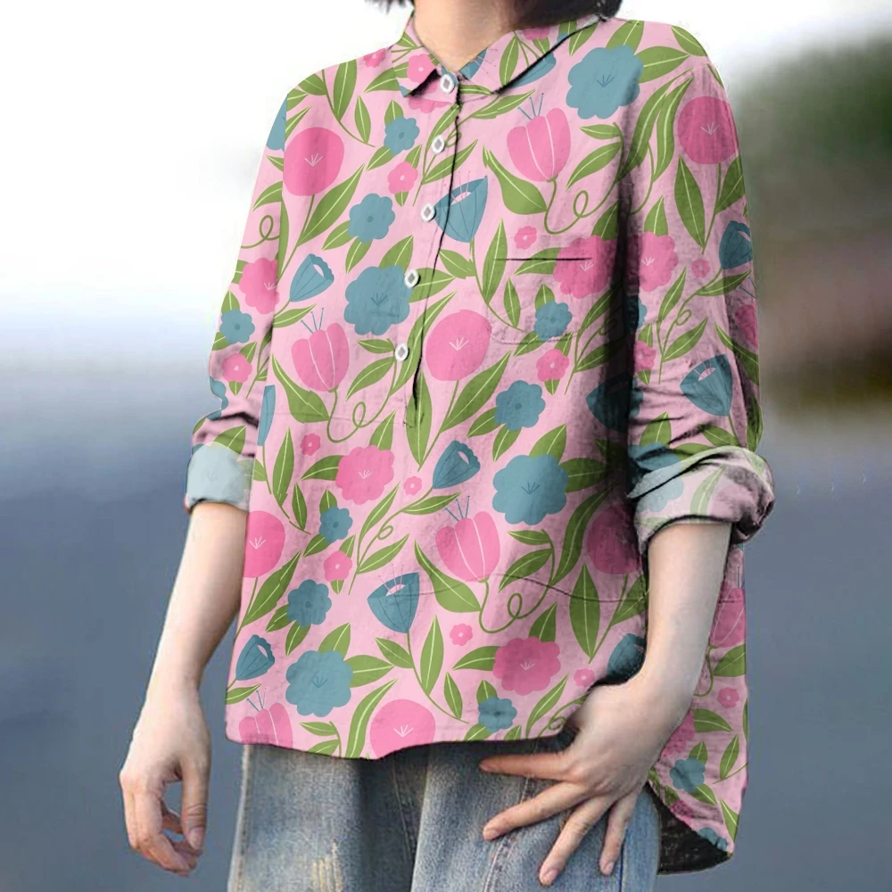 Versatile Floral prints Button-Up Blouse Boho Bliss Pink-Hued Floral Blouse women’s Springtime Chic Long-Sleeve Floral Shirt