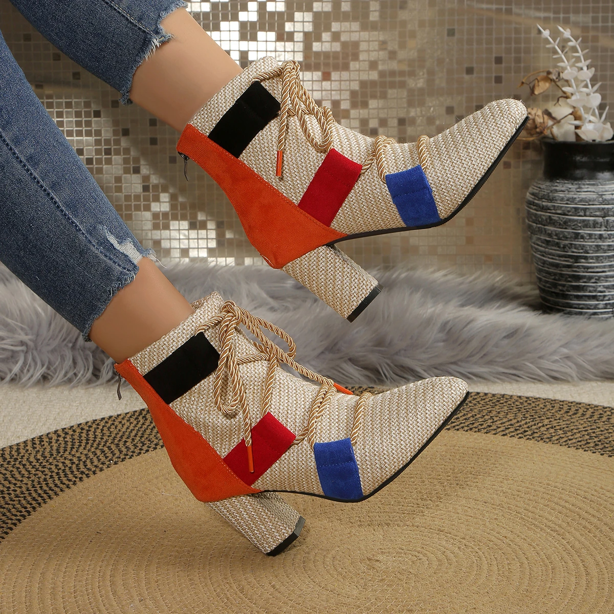 Women High Heels Boots Comfortable Ankle Boots Female Fashion Trend Chunky Heels Shoes Women Designer Weave Shoes for Women