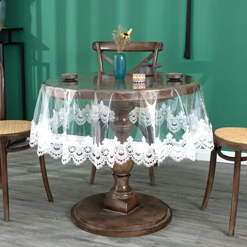 Couverture de Table en PVC Imperméable, Nappe Souple Transparente, Dentelle Brodée, Assiette en Clip