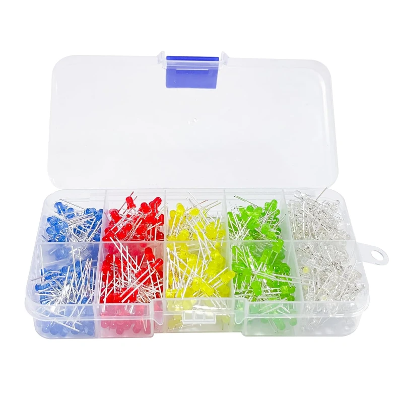 500pcs LED Round Light Emitting Diodes 5Values 3mm Multicolor Circuit Assorted kit (Red/Green/Yellow/White/Blue Each 100PCS)