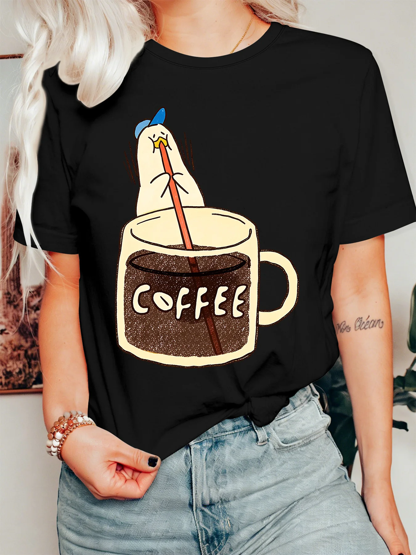 Cute Duck Drinking Coffee Womens T Shirt Funny Cartoon Bird Coffee Cup Graphic Tee Short Sleeve Casual Daily Ladies Tops
