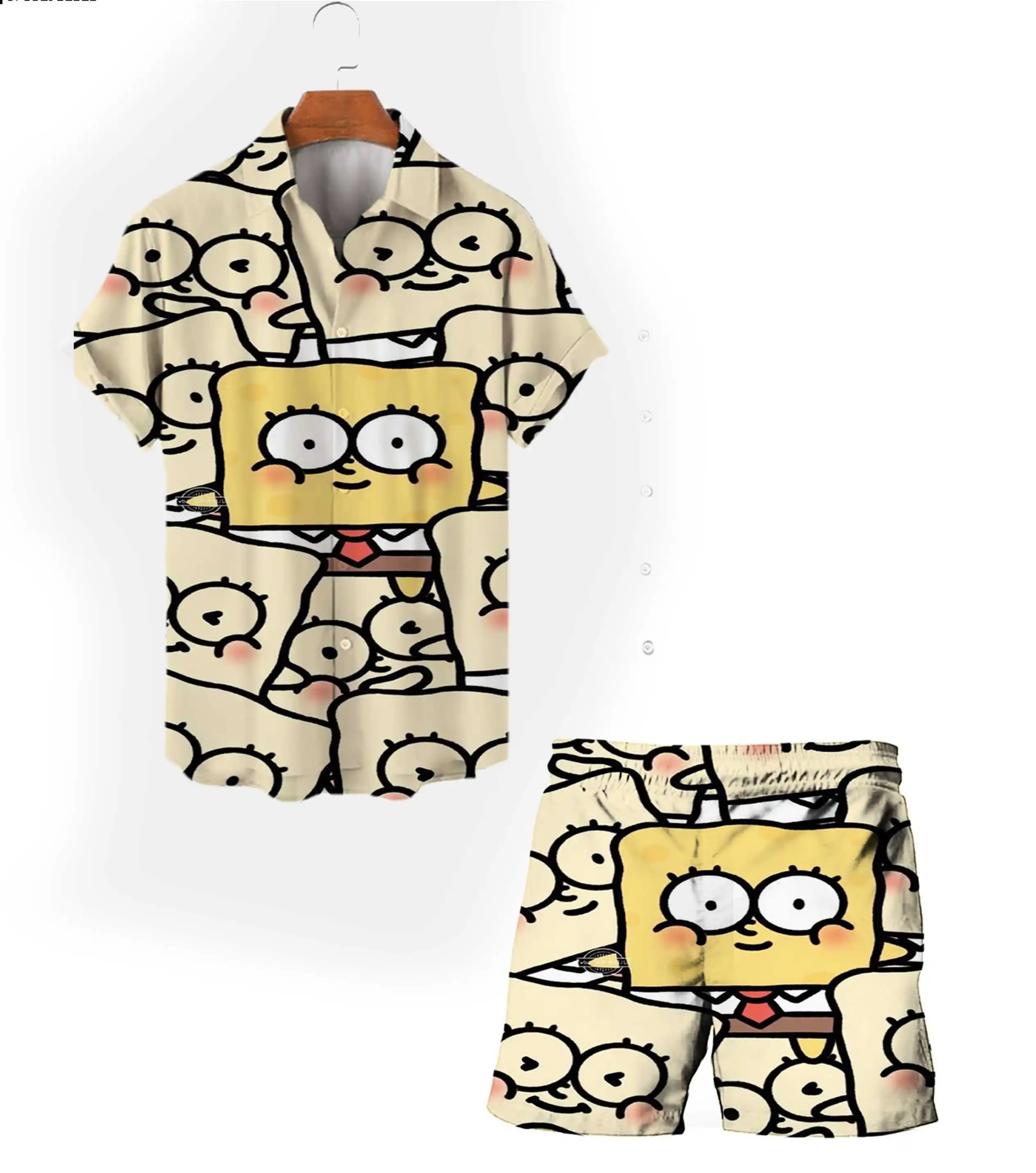 Street Harajuku style 2024 new summer Spongebob cartoon men\'s lapel short-sleeved tops beach shorts fashion casual suit y2k