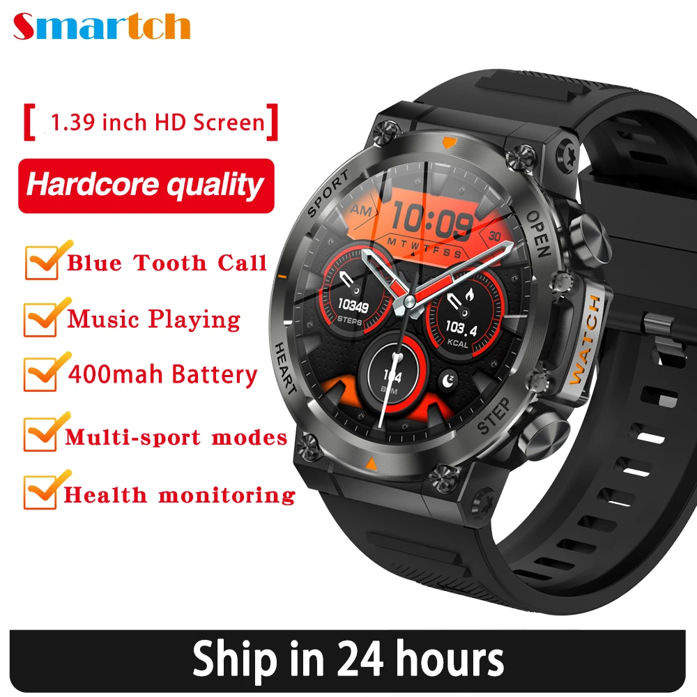 Smart Watch Outdoor Sports Men Fashion Blue Tooth Call Heart Rate Health Watches IP68 Waterpoof 400Mah Battery Music Smartwatch