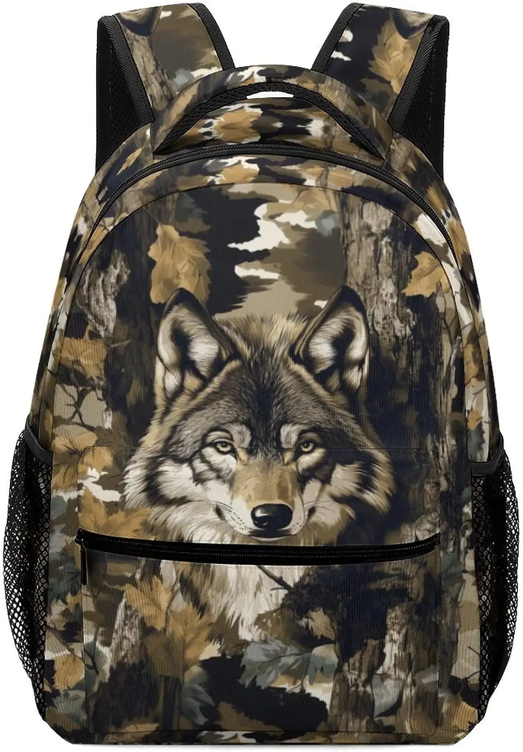 Forest Wolf Backpack for Boys Girls, Camouflage Wolf Backpack Students Bookbag Daypack for School Travel Camping