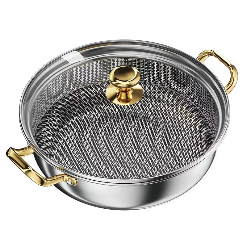 30cm Stainless Steel Soup Pot Wok Non-stick Honeycomb with lid Household Frying Pan Induction Cooker Gas Stove Universal Hot Pot