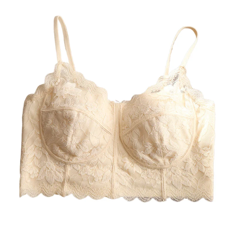 Sutiã de Renda Francesa com Efeito Push-up, Top Bandeau Sem Costura com Suporte de Haste, Top Feminino com Costas Nuas e Bojo Fixo