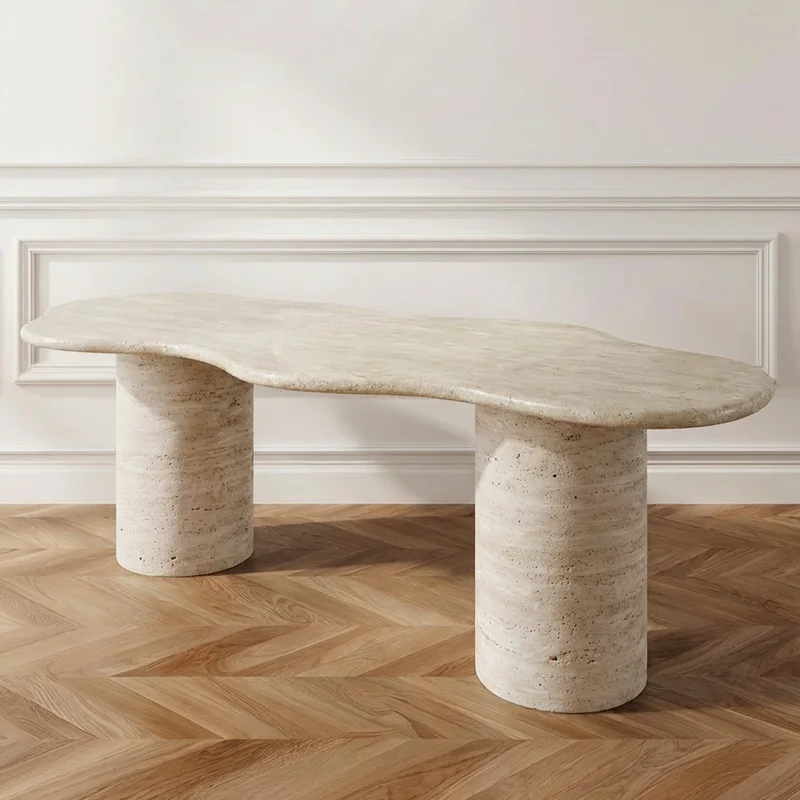 

xx-Customized Natural Stone Furniture Round Oval Shape Fluted Base Marble Dining Table Beige Travertine Stone Dining Table^