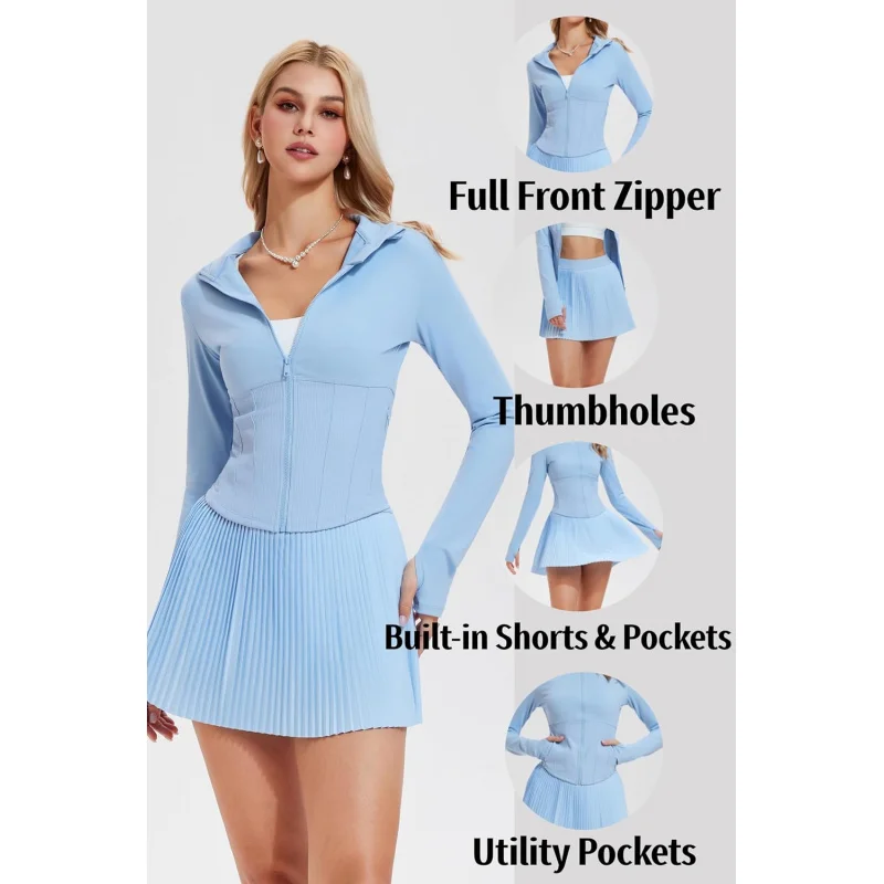SharpStar Tennis Skirts Set 2pcs for Women Long Sleeve Zip Up Workout Jacket with Pleated Mini Skirt Golf Pickleball Outfits