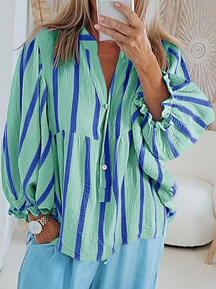 

Streetwear Fashion Striped Print Women Blouses 2025 Spring V Neck Button Top Pullover Autumn Puff Long Sleeve Loose Shirt Blusas