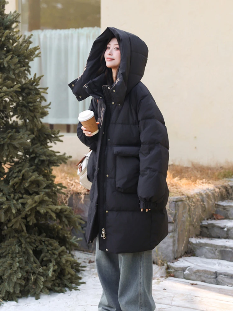 Piumino invernale di media lunghezza con cappuccio solido da donna Piumino d'anatra bianco con cerniera Tasca grande Parker Outwear Giacca allentata calda spessa femminile