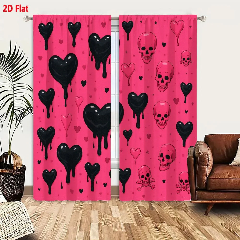 2Pcs Curtains 2D Flat Pink Gothic Playful Background With Black Pink Hearts Skulls Stars Decorative Elements Window Drapes for B