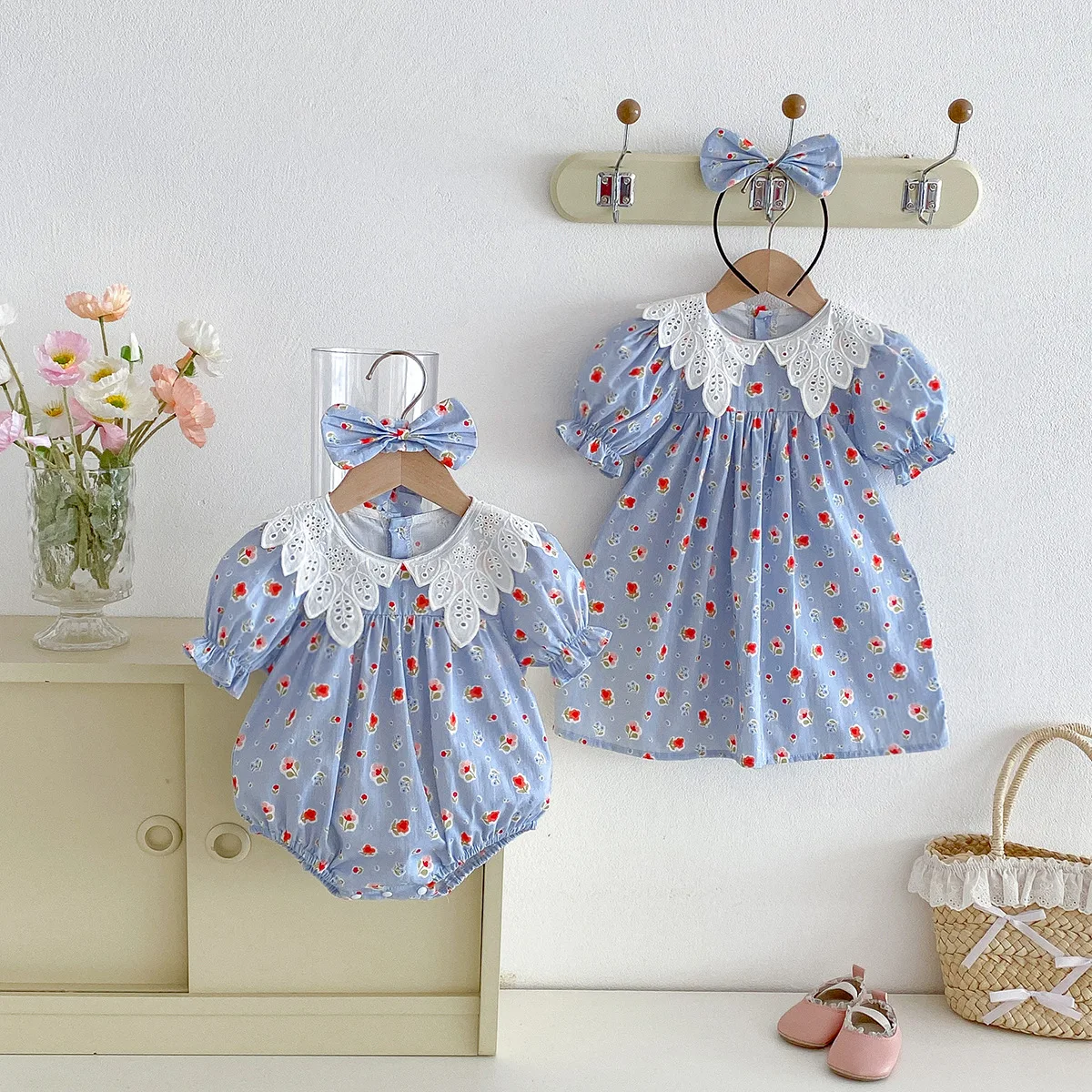 2026 Summer Baby Bodysuit & Toddler Girl Dress Set Floral Lace Collar Bubble Sleeve Matching Sibling Outfits for Newborn 0-8Y