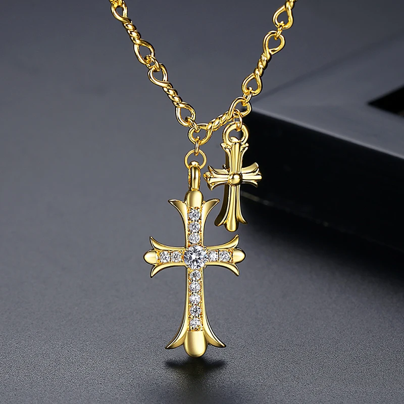 JINSE Charm Gold Color Cross Necklace Cubic Zirconia Fashion CZ Punk Pendant Necklaces for Men Women Birthday Gifts