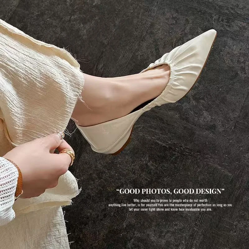 2026 new spring autumn women pumps natural leather 22-25cm split leather+sheepskin+pigskin pointed toe pleated women shoes