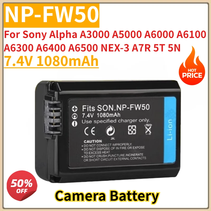 

New Replacement Camera Battery 7.4V 1080mAh NP-FW50 for Sony Alpha A3000 A5000 A6000 A6100 A6300 A6400 A6500 NEX-3 A7R 5T 5N
