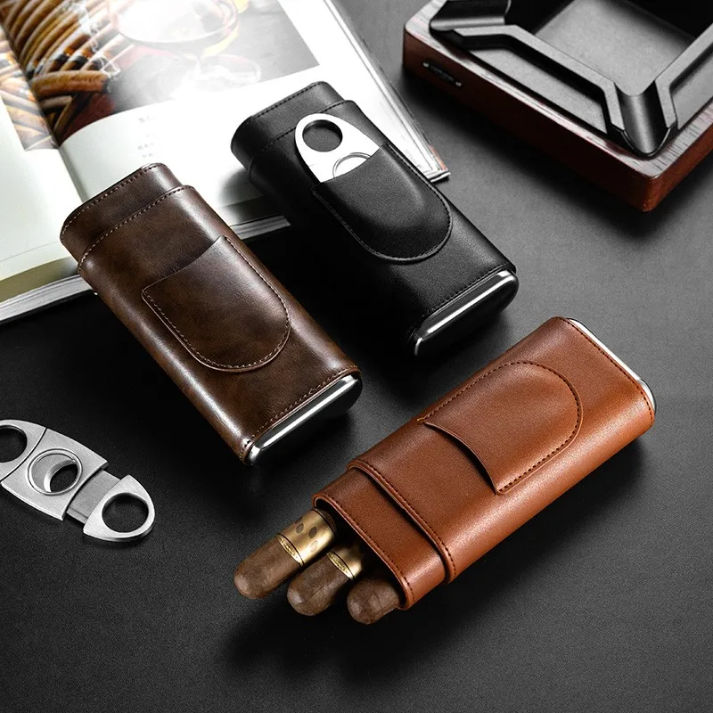 

3 Piece-Pack Cigar Case Luxury Portable Leather Holder with Stainless Steel Sharp Cigar Cutter Smoking Accessories Ch-24Fa