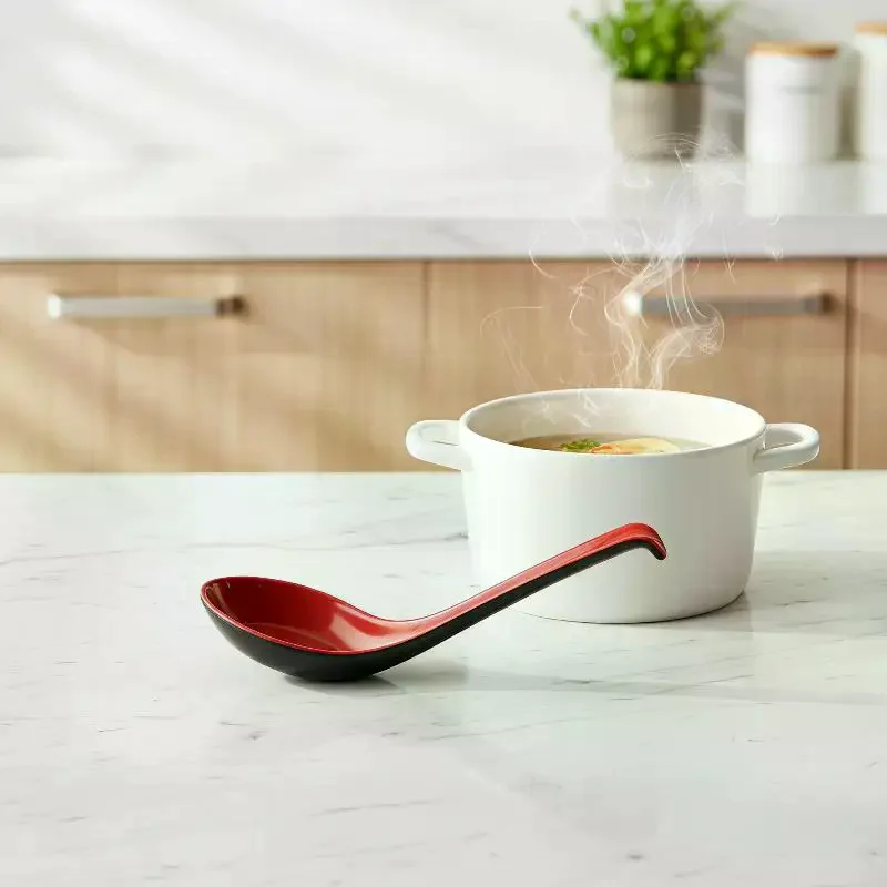 2pcs Japanese Style Red Black Soup Spoon Long Handle Simulated Ceramic Ramen Spoon Drop-resistant Heat-resistant