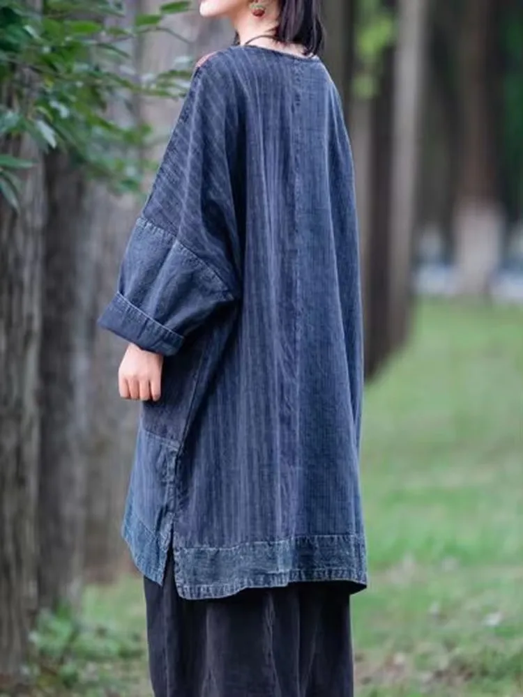 Amax LuluE Gaun Denim Tiongkok Tambal Sulam Cetak Musim Gugur Wanita Pakaian Klasik Longgar Santai Ukuran Besar Vintage Mode