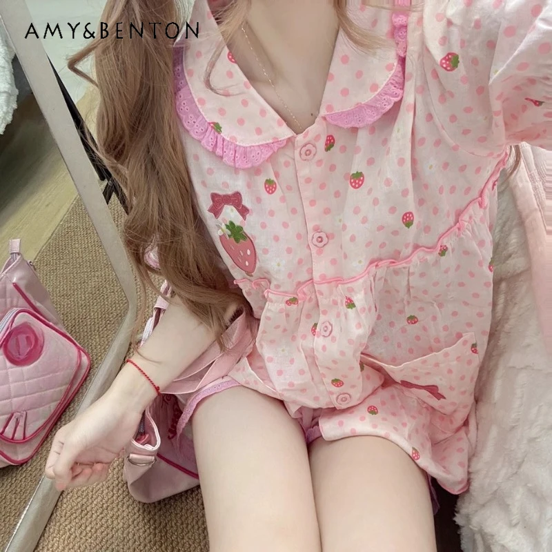 New Pink Polka‑Dot Pajamas Set, Cotton‑Yarn Short‑Sleeve Sleep Top with Cute Fruit‑Embroidered Shorts for Home Night Loungewear