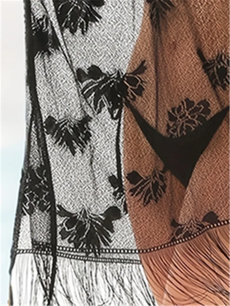 2025, Strand-Vertuschung für Badebekleidung, Damen-Badeanzug-Vertuschung, schwarz, sexy Netz-Badeanzug-Vertuschung mit Quaste, weißes Transportkleid