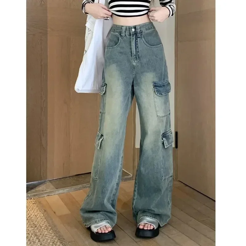 Women Vintage Jeans Wide Leg Pants High Waist Pockets Button Zipper Fly Basics Full Length Streetwear Denim Straight Trousers