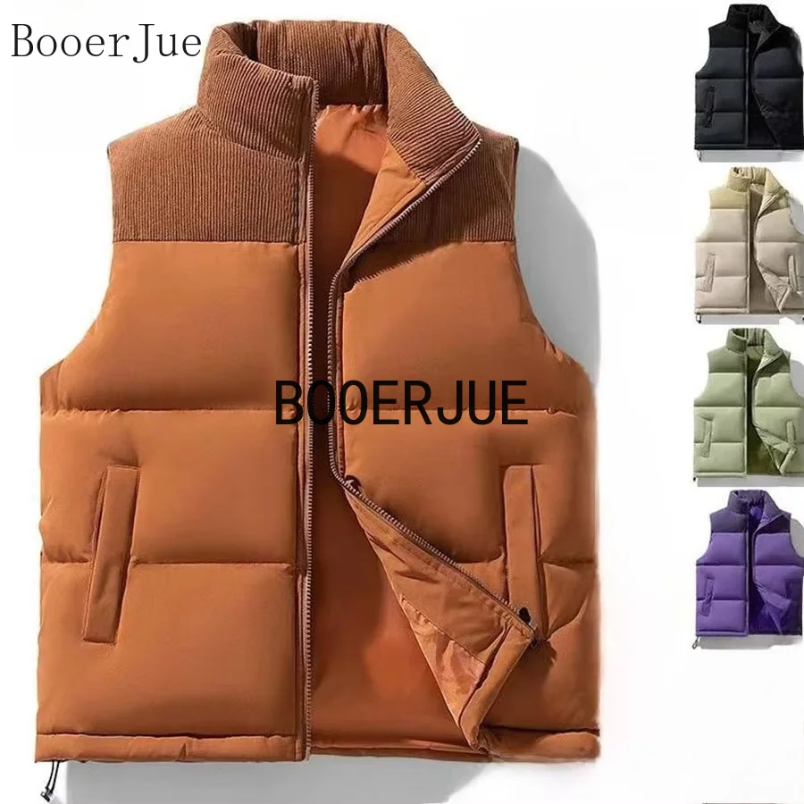 Corduroy Spliced Men Thick Padded Vest Fleece Lined Stand Collar Sleeveless Windproof Rainproof Slim Warm Outdoor Camping Coat