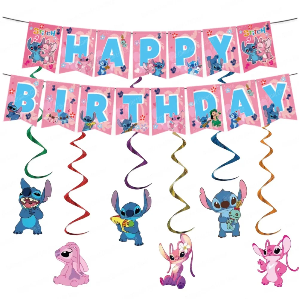 Pink Lilo &Stitch Birthday Decorations Cartoon Happy Birthday Banner Hanging Swirls for Kids Baby Shower Events Party Supplies