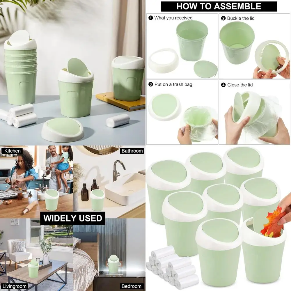 

Green Mini Plastic Wastebasket with Swing Lid, 360 Trash Bags, Ideal for Home and Office Desks