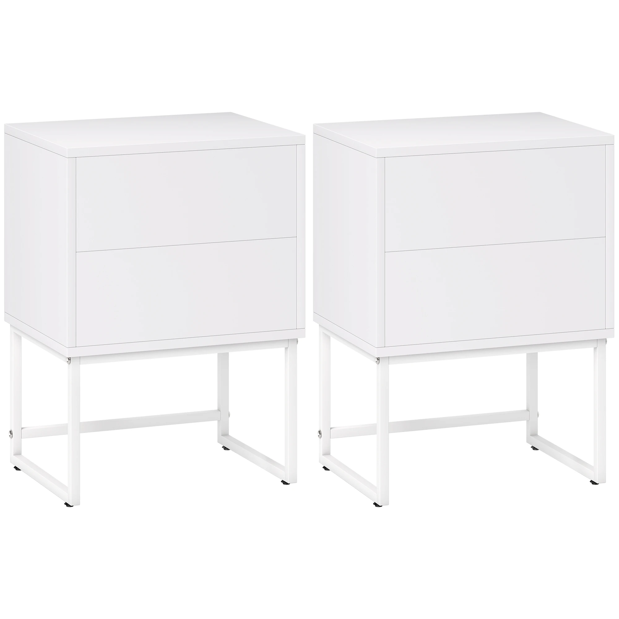 Homcom Confezione da 2 comodini stretti comodini camera da letto con 2 cassetti apertura a pressione e gambe in acciaio stile moderno 40X30X55 cm bianco