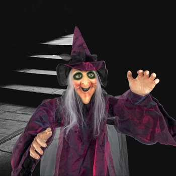 71in Life Size Hanging Witch Animatronic Talking Halloween Decoration, Sound Activated Scary Hanging Witch Prop for Haunted House Yard Patio Outdoor Party Decor 7