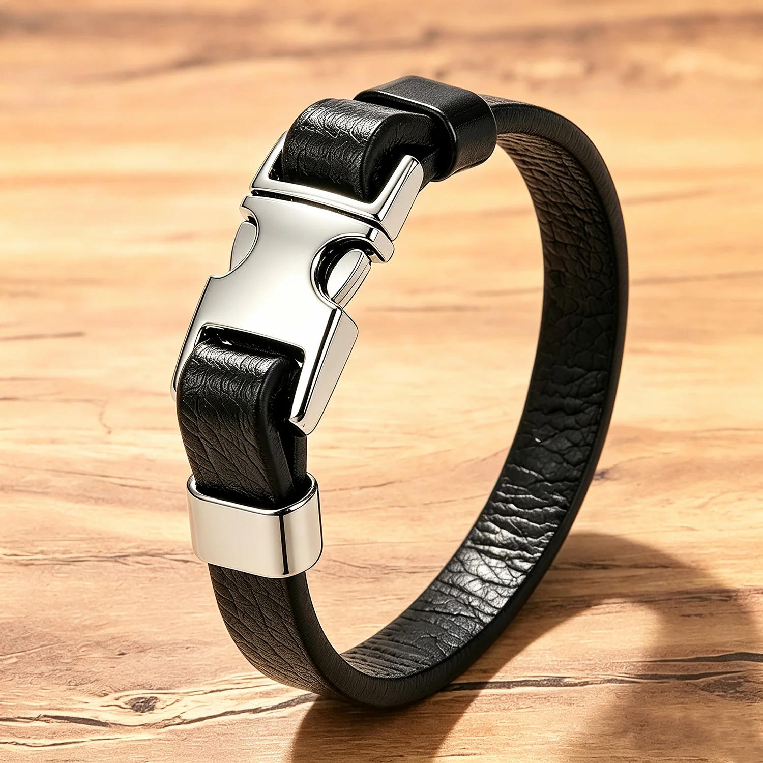 Men's Single Layer Black Leather Bracelet with Silver Hook Clasp, Vintage Grain Leather Wristband, Minimalist Bangle Jewelry