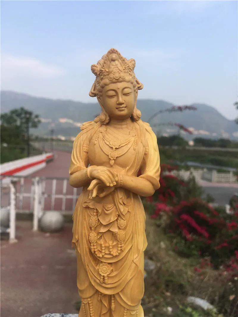 XS202-20*6*5CM Hand Carved Boxwood Carving Figurine Buddha Statue Home Decor -Guanyin Bodhisattva Sculpture