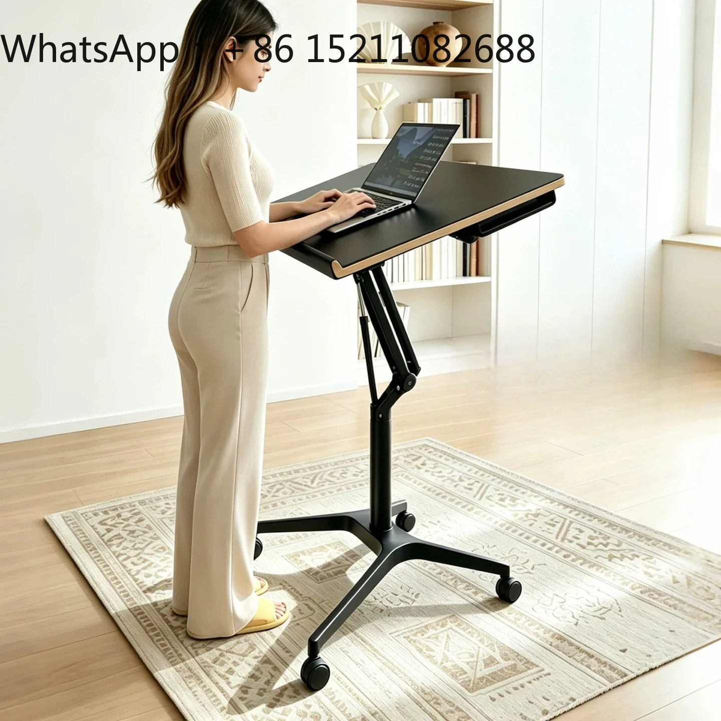 SCY Saddle Leather Movable Height-Adjustable Office Desk, Home Bedroom Study Desk, Writing Desk