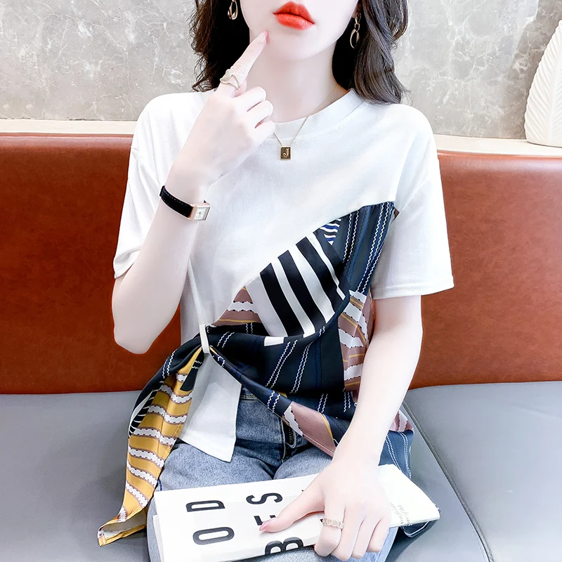 2023 New Summer Korean Clothes T-Shirt Women Fashion Sexy O-Neck Patchwork Scarves Tops Short Sleeve Casual Irregular Tees 36064
