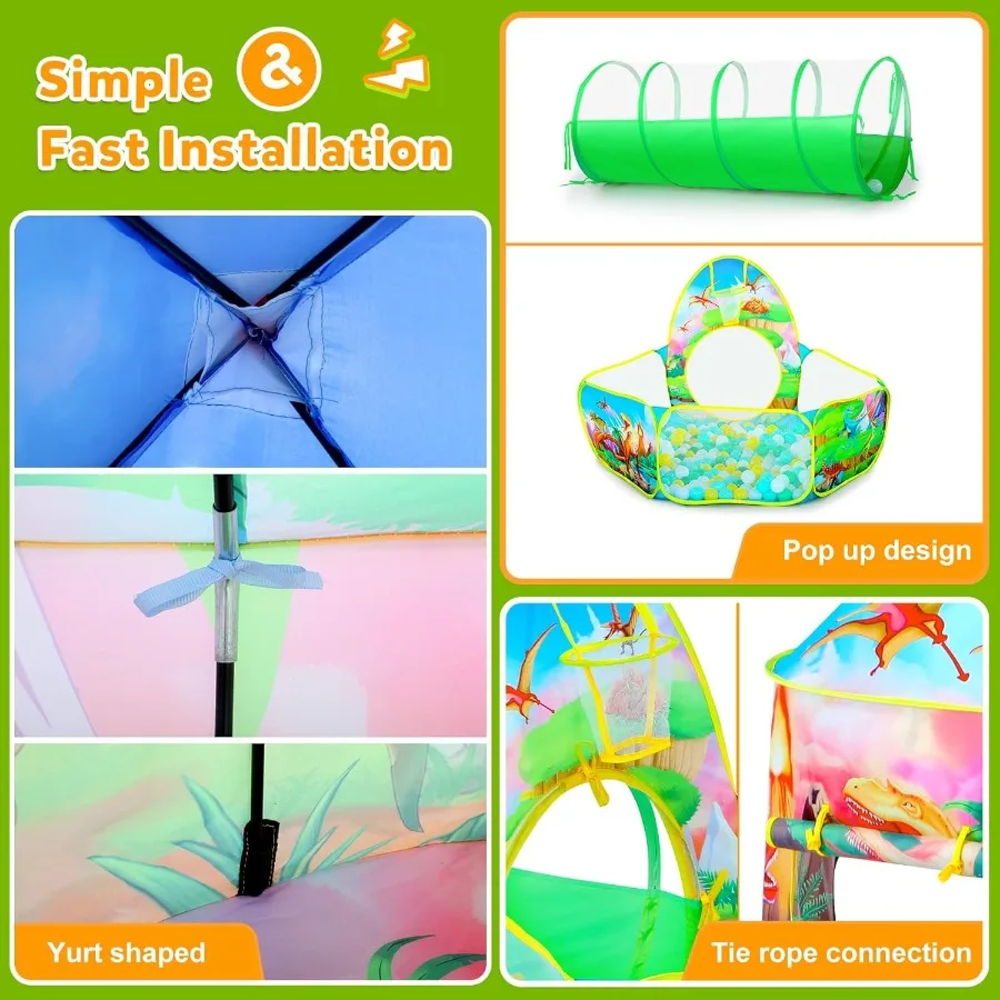 3-teiliges Dinosaurier-Spielzelt für Jungen mit Bällebad, Krabbeltunnel, Spielzelte für Kleinkinder, Baby, Weltraum, Spielhaus, Spielzeug für Jungen, Indoora