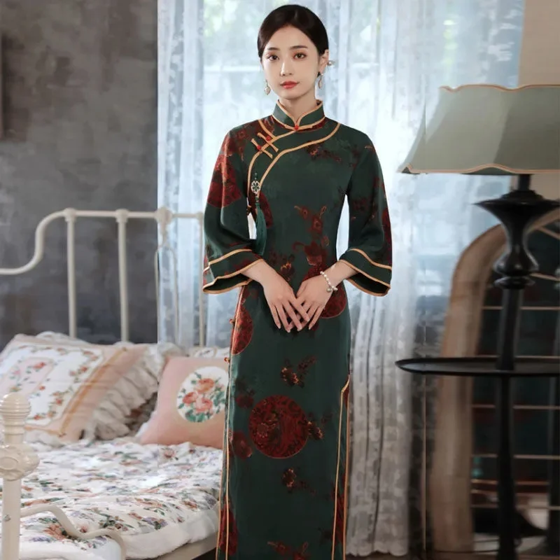 Spring Autumn Ladies Maxi Dress Retro Women Chinese Style Long Dresses High-end Female Seven Points Sleeve Cheongsam Dress