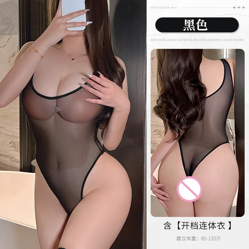 Ice Silk Shiny Sex body donna giapponese trasparente High Cut costume da bagno One Piece Lingerie Babydoll body senza maniche tuta