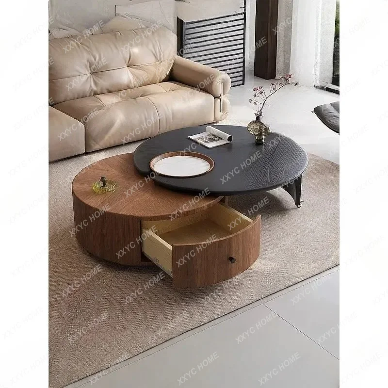 XXMid-Century Modern Round Rotating Coffee Table With Storage, Mobile Side Table For Small Living Room