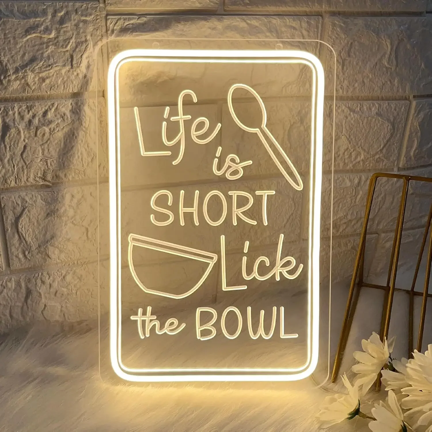 

LED Life Is Short Lick The Bowl Neon Sign Dimmable Encourage Words Neon Light for Restaurant Kitchen Store Bedroom Party Decor