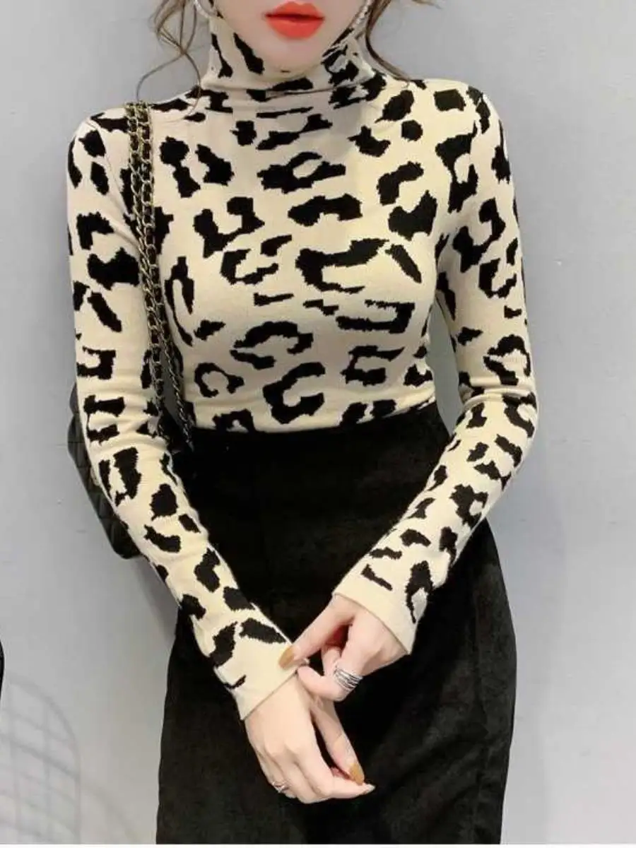 

Модный ретро-топ с леопардовым принтом для женщин, приталенный, с высоким воротником, на флисовой подкладке, универсальная базовая кофта для осени