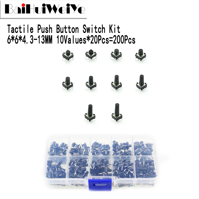 

200Pcs 10 Models 6*6 Tact Switch Tactile Push Button Switch Kit Height: 4.3 To 13MM DIP 4P Micro Switch 6x6 Key Switch 10 Values