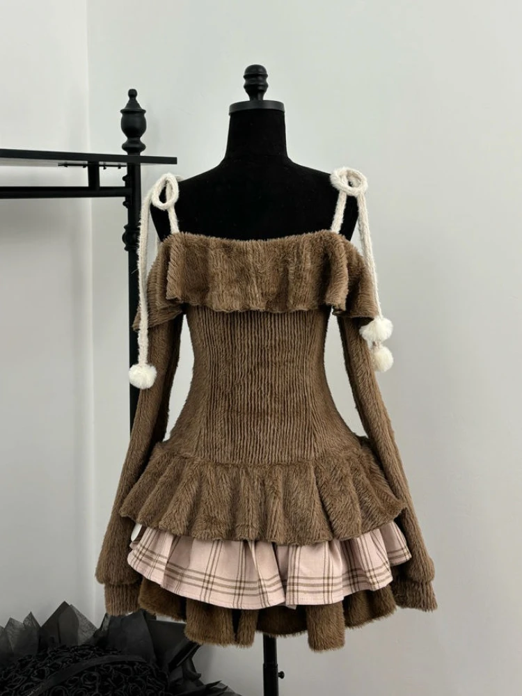 Japanische süße Lolita Frauen Herbst 2-teiliges Set Slash Neck süße Spitze Schleife Tops + karierten Kuchen Rock weibliche koreanische Kawaii Party Anzug