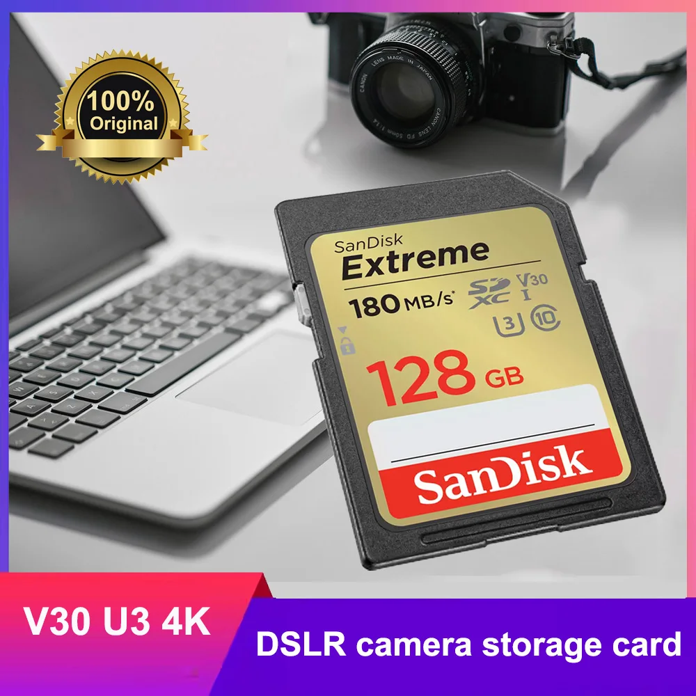 

Карта памяти SanDisk Extreme SD Card 4K UHD 32 ГБ SDHC 64 ГБ 128 ГБ 256 ГБ SDXC C10 U3 V30 до 180 М/с для 1080p 3D Full HD камеры