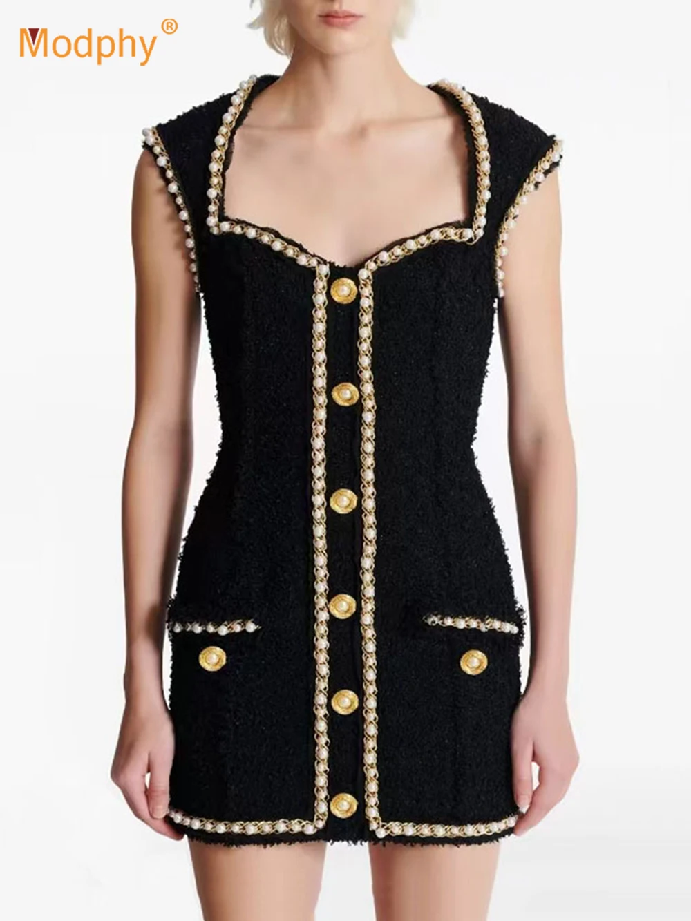 فساتين Modphy الفاخرة بسلسلة من اللؤلؤ قصيرة من التويد للنساء مزينة بصدر واحد بدون أكمام فساتين قصيرة ضيقة للحفلات المسائية النسائية