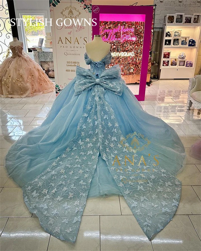 Gaun Princess biru Sweetheart Ball Quinceanera untuk anak perempuan manik-manik 3D bunga pesta ulang tahun gaun pesta Prom Bow Robe De