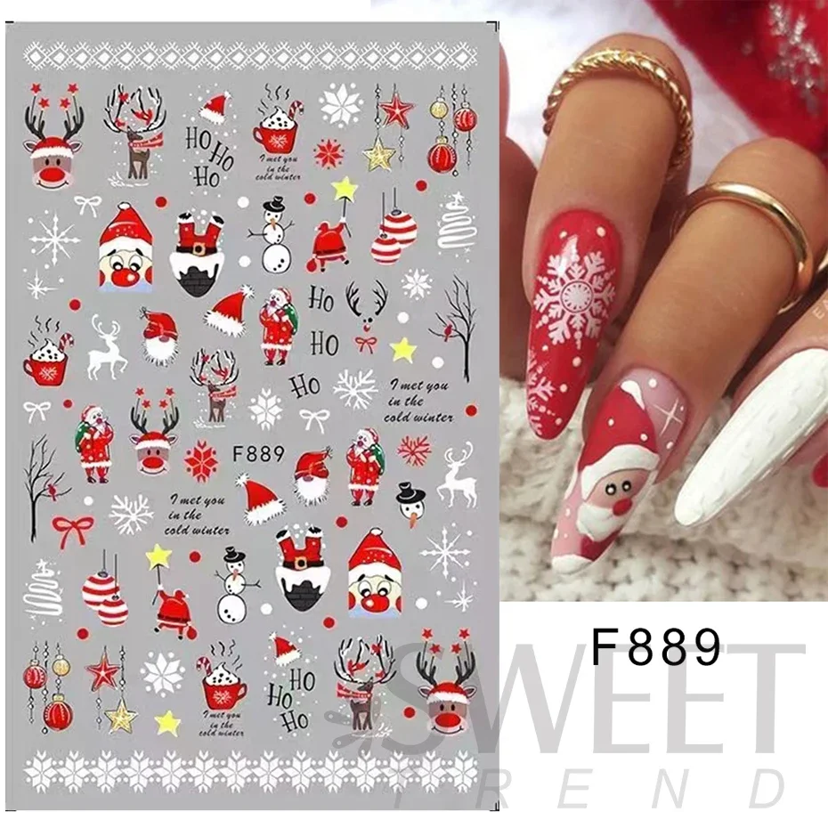 Merry Christmas Penguin Nail Art Sticker 3D Slider Deer Santa Claus Decal New Year Nail Decorations Sticker Manicure Accessories