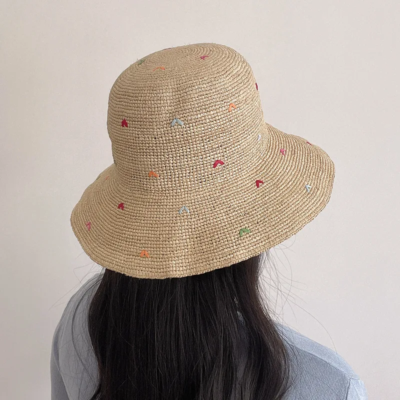 Women Embroidery Heart Raffia Straw Hat Packable Sun Hat Wide Brim Summer Bucket Hats Travel Derby Hat