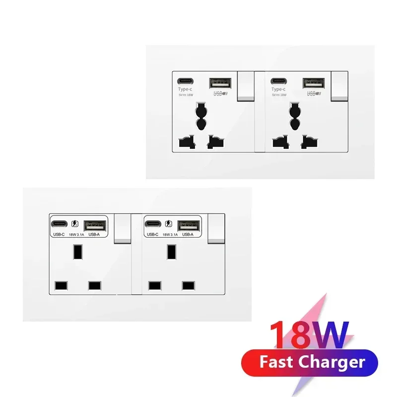 UK 13A Wall Socket with USB Type C 18W Quick Charge Power Outlet,Universal Electrical  Wall Light Switch Dual 3-pin Socket 220V