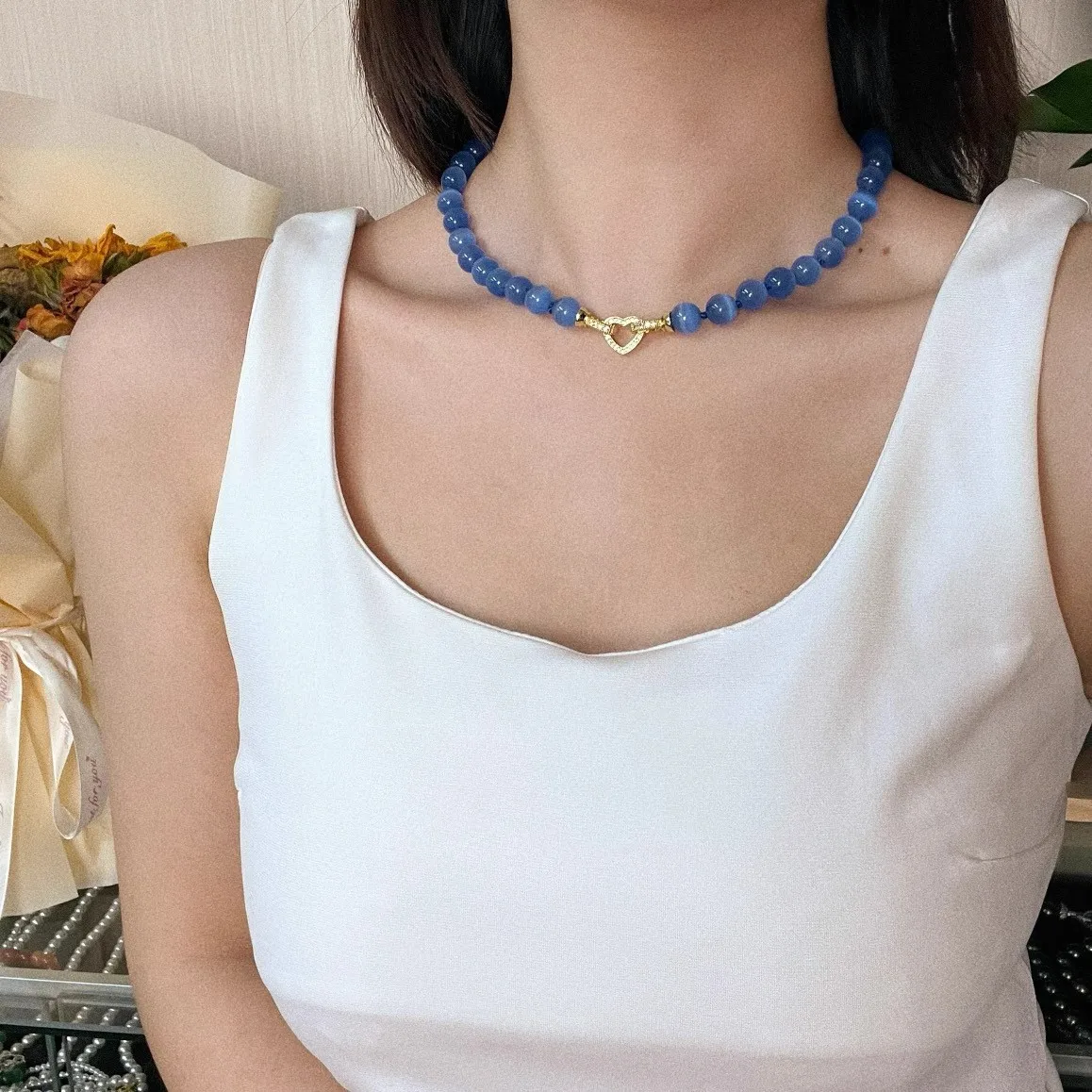 Elegant Blue Crystal Necklaces for Women with Sapphire Faux Cat Eye Stone Beads Bracelet Fine Jewelry Boho Dress Accessories